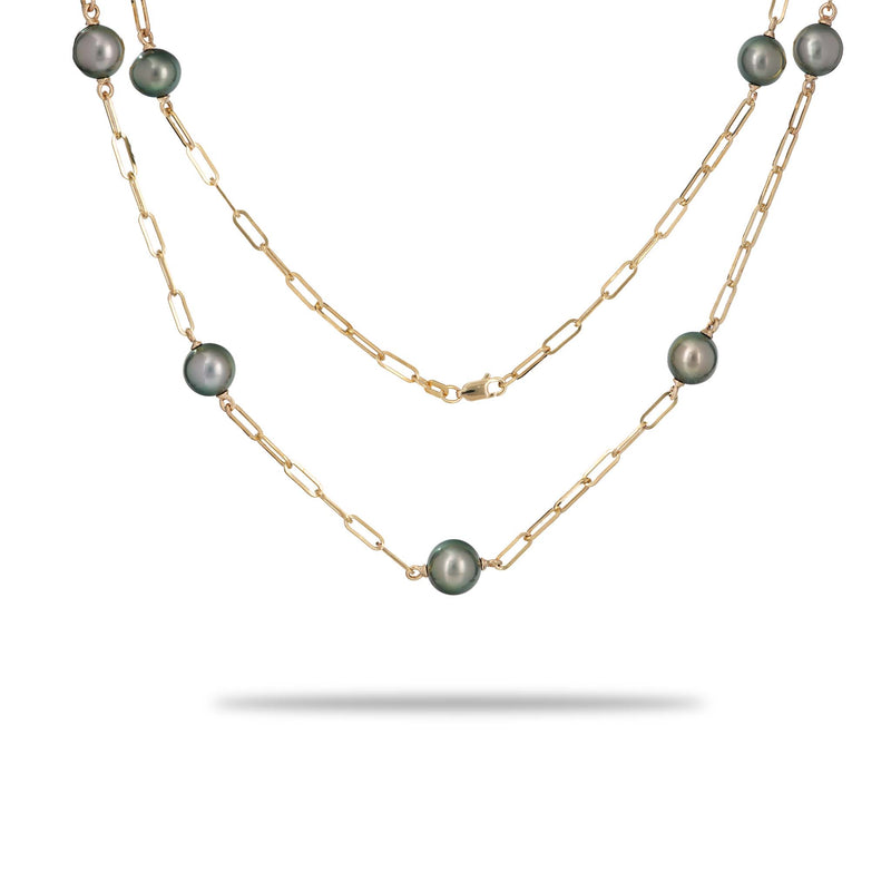 Adjustable Tahitian Black Pearl Paperclip Chain Necklace in Gold - 9-10mm - Maui Divers Jewelry