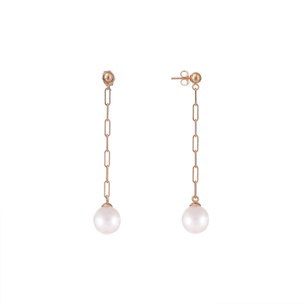 Akoya White Pearl Paperclip Chain Earrings in Rose Gold - 8mm