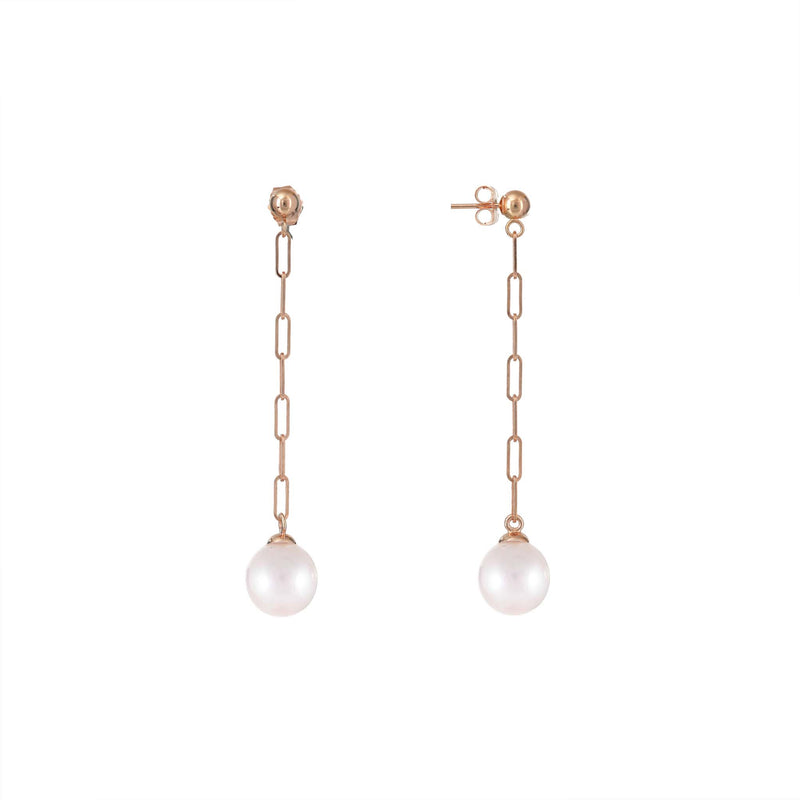 Akoya White Pearl Paperclip Chain Earrings in Rose Gold - 8mm
