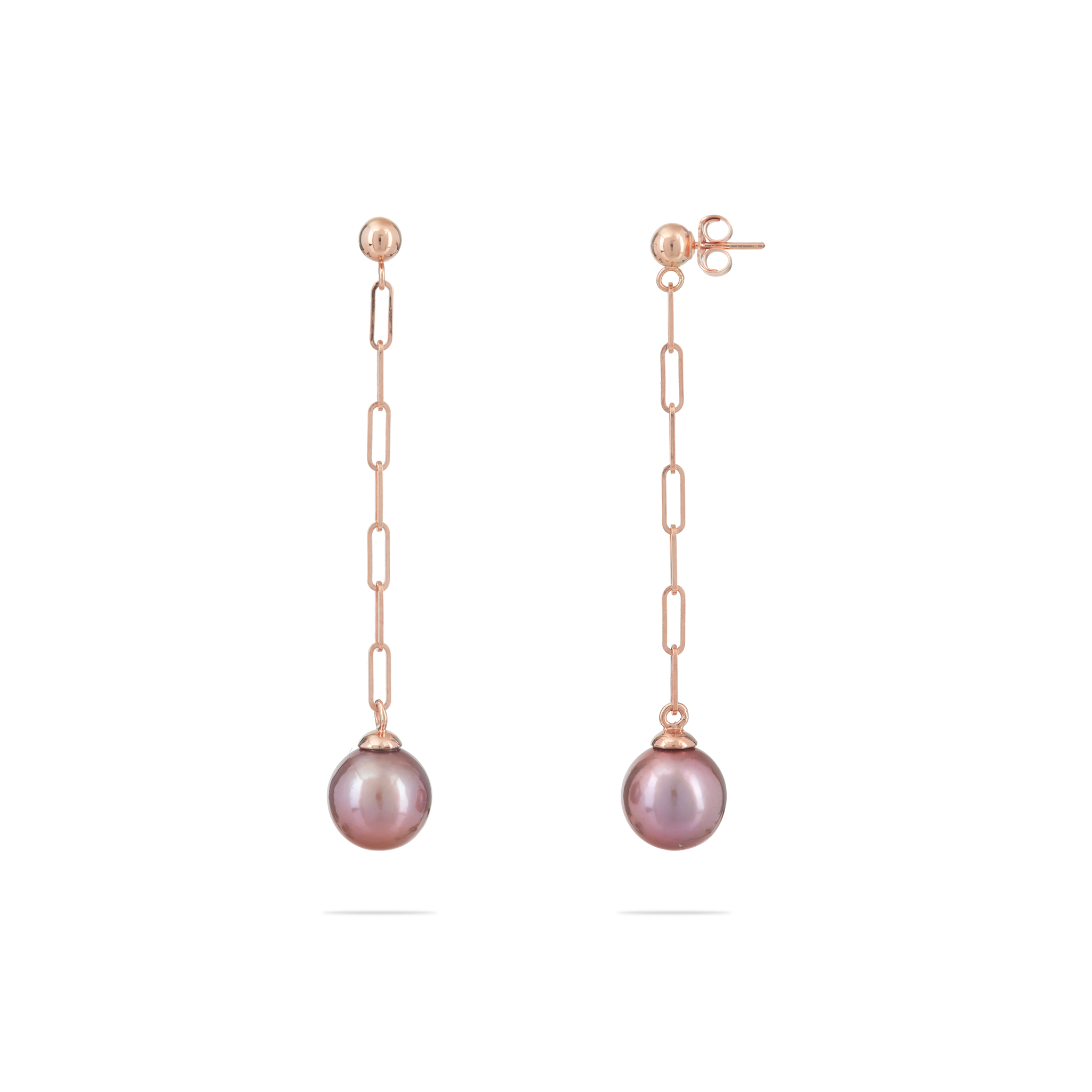 Ultraviolet Freshwater Pearl Paperclip Chain Earrings in Rose Gold - 9-10mm