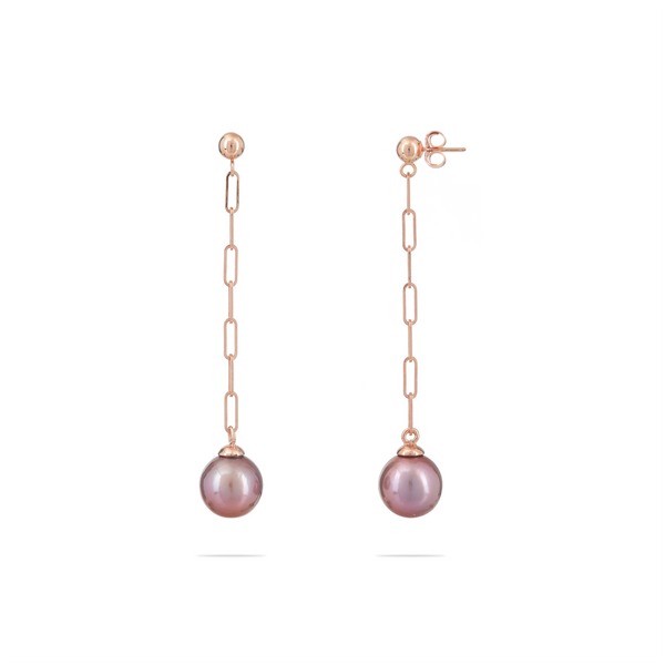 Ultraviolet Freshwater Pearl Paperclip Chain Earrings in Rose Gold - 9-10mm