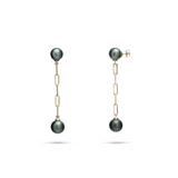 Tahitian Black Pearl Paperclip Chian Earrings in Gold - 9-10mm - Maui Divers Jewelry