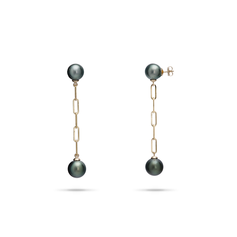 Tahitian Black Pearl Paperclip Chian Earrings in Gold - 9-10mm - Maui Divers Jewelry