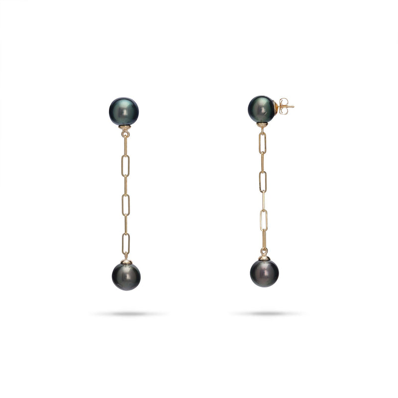 Tahitian Black Pearl Paperclip Chain Earrings in Gold - 9-11mm - Maui Divers Jewelry
