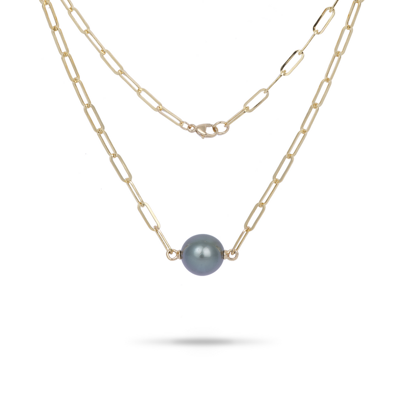 16-17" Tahitian Black PEarl Paperclip Chain Necklace in Gold - 12-13mm - Maui Divers Jewelry