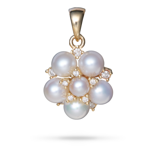 微小気泡淡水白色真珠ペンダント、金色、ダイヤモンド付き