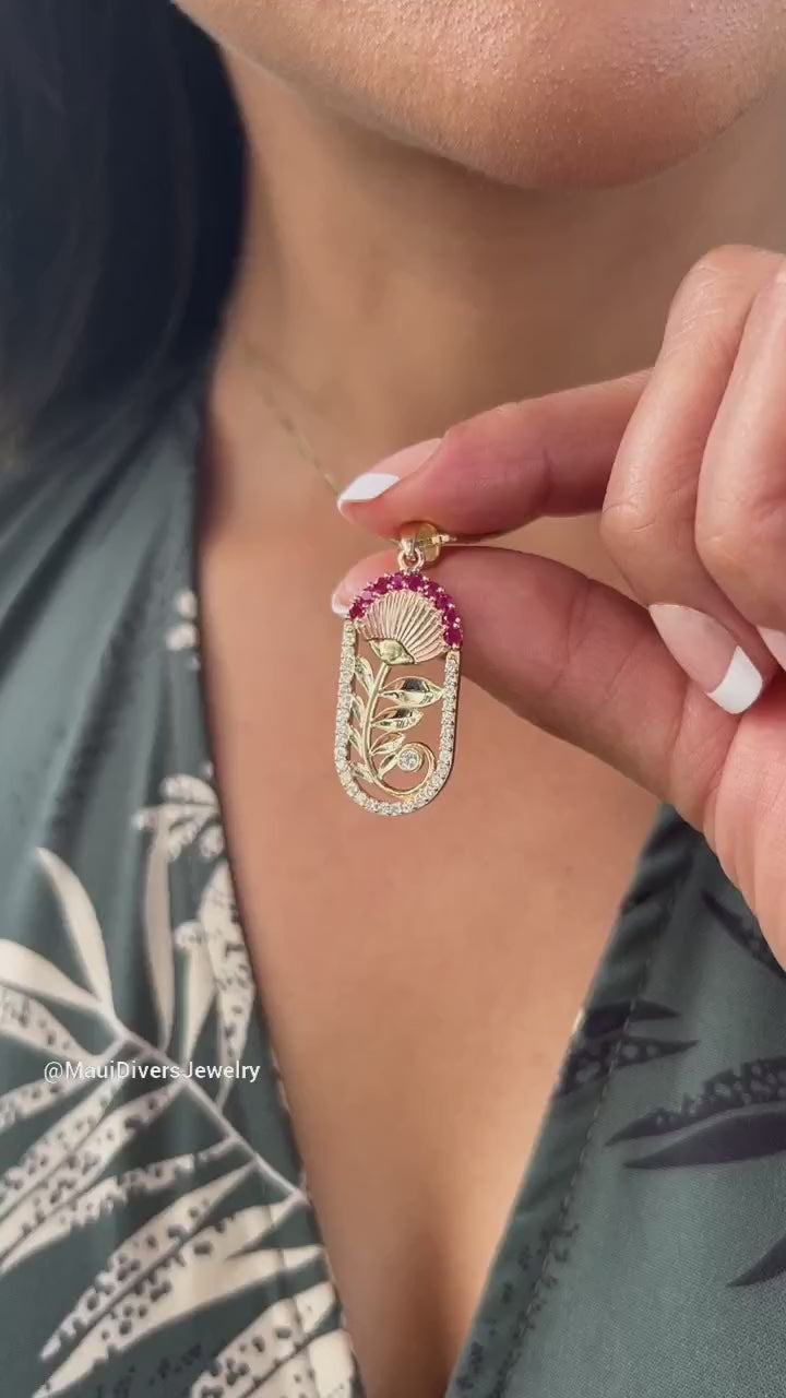 Video of a woman wearing a Ohia Lehua Ruby Pendant in Two Tone Gold with Diamonds - 27.5mm - Maui Divers Jewelry