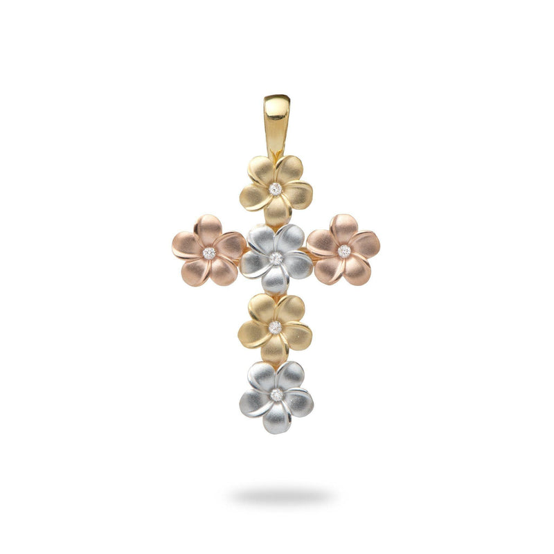 Plumeria Pendant with Diamonds in Tri Color Gold - 25mm-Maui Divers Jewelry