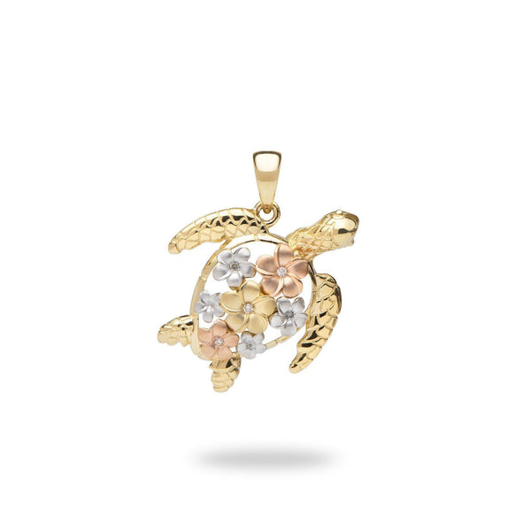 Plumeria Honu (Turtle) Pendant in Tri Color Gold with Diamonds - 21mm-Maui Divers Jewelry