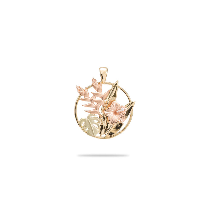 Hawaiian Gardens Hibiscus Pendant in Tri Color Gold with Diamonds - 20mm - Maui Divers Jewelry