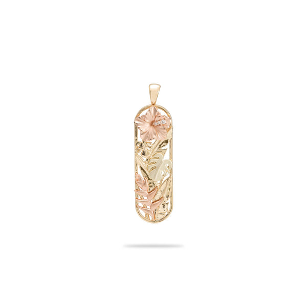 Hawaiian Gardens Hibiscus Pendant in Tri Color Gold with Diamonds - 32mm - Maui Divers Jewelry
