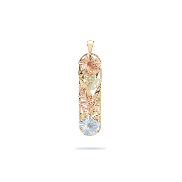Hawaiian Gardens Hibiscus Pendant in Multi Color Gold with Diamonds - 39mm - Maui Divers Jewelry
