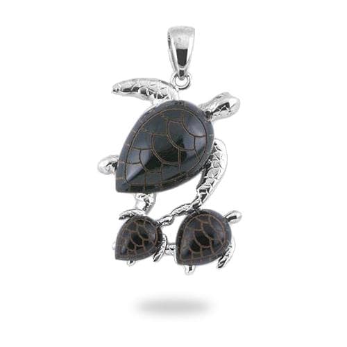 Honu Black Coral Pendant in White Gold - 32mm-Maui Divers Jewelry
