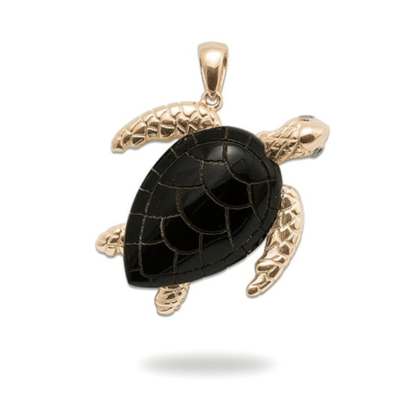 Honu Black Coral Turtle Pendant in Gold with Diamond - 36mm-Maui Divers Jewelry