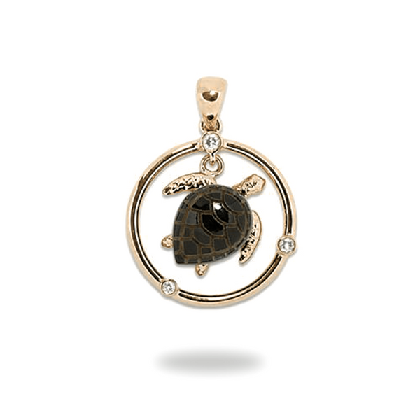 Honu Black Coral Pendant in Gold with Diamonds - 12mm-Maui Divers Jewelry