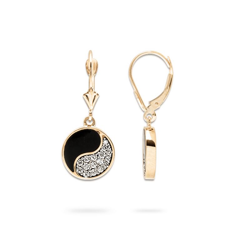 Yin Yang Black Coral Earrings in Gold with Diamonds - 12mm-Maui Divers Jewelry