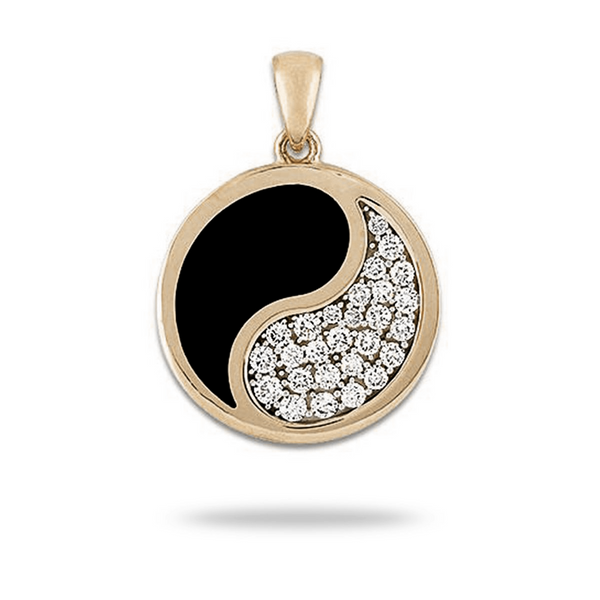 Yin Yang Black Coral Pendant in Gold with Diamonds - 22mm-Maui Divers Jewelry
