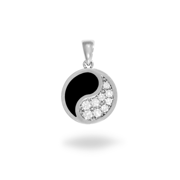 Yin Yang Black Coral Pendant in White Gold with Diamonds- 15mm-Maui Divers Jewelry
