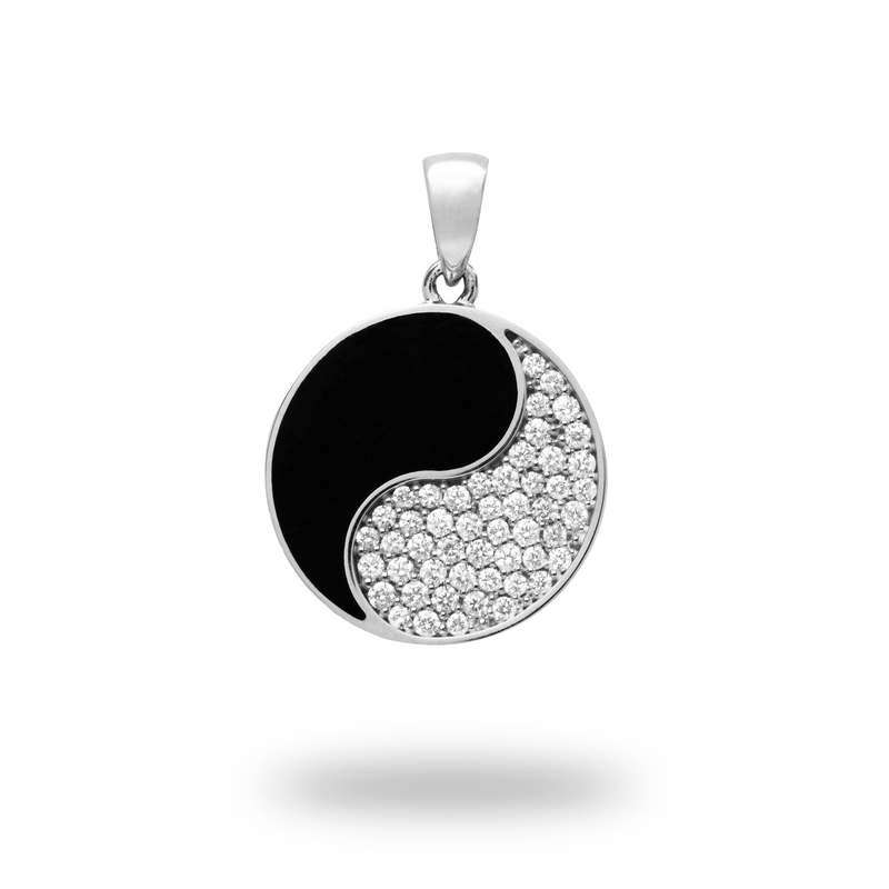 Yin Yang Black Coral Pendant in White Gold with Diamonds - 19mm-Maui Divers Jewelry