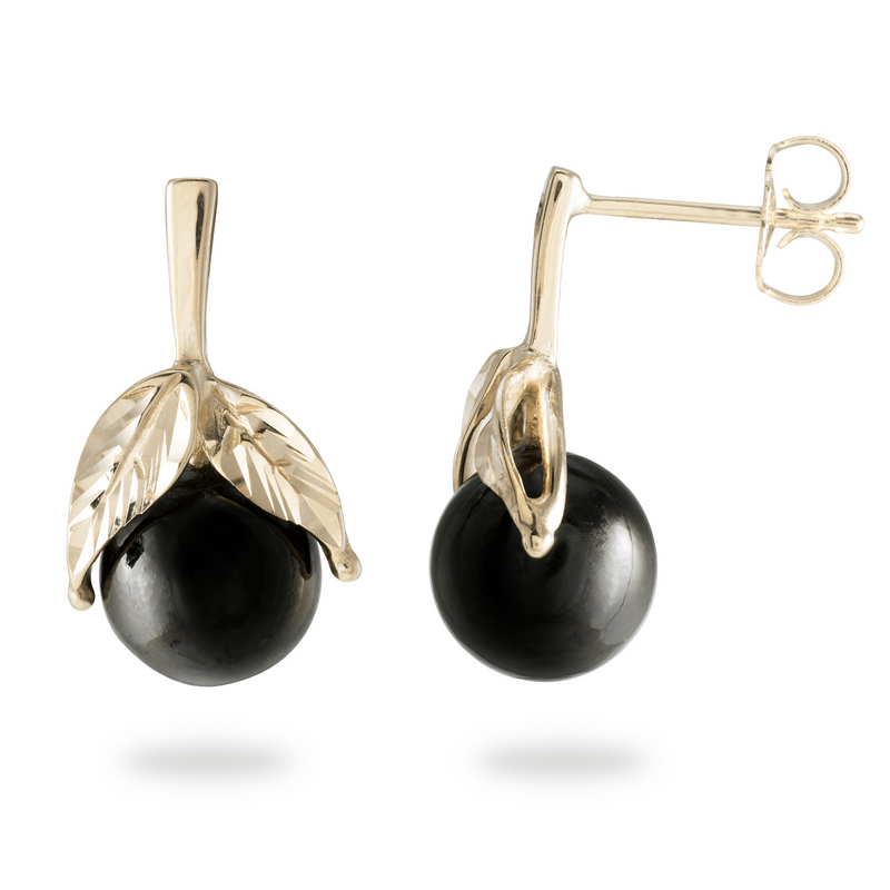 Maile Black Coral Earrings in Gold (9-10mm)-Maui Divers Jewelry