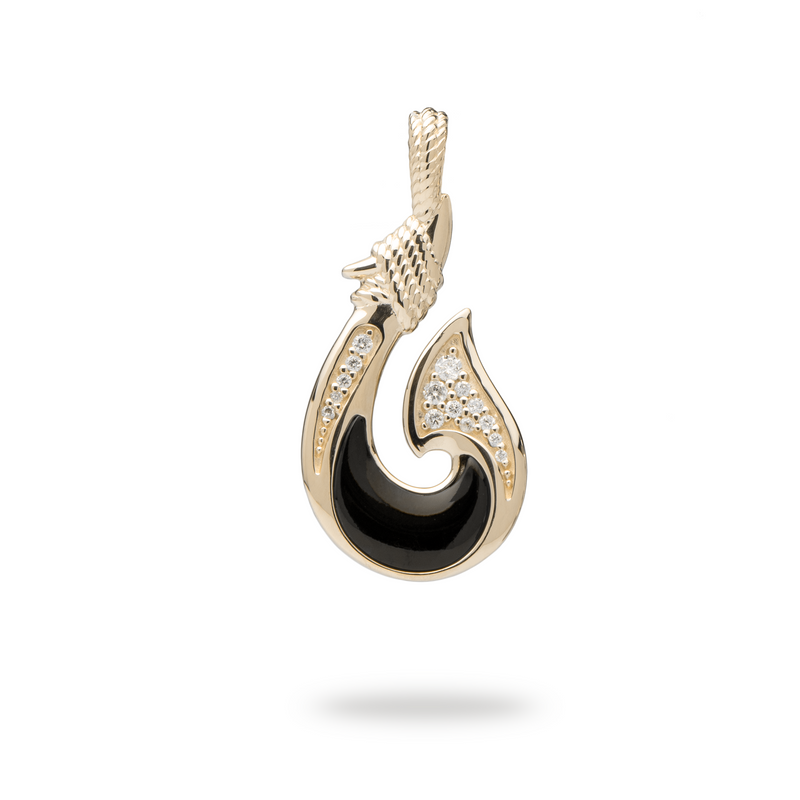 Sealife Fish Hook Black Coral Pendant in Gold with Diamonds - 27mm-Maui Divers Jewelry