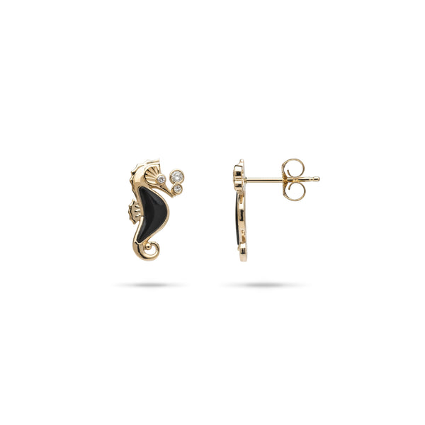 Sealife Seahorse Black Coral Earrings in Gold with Diamonds - Maui Divers Jewelry