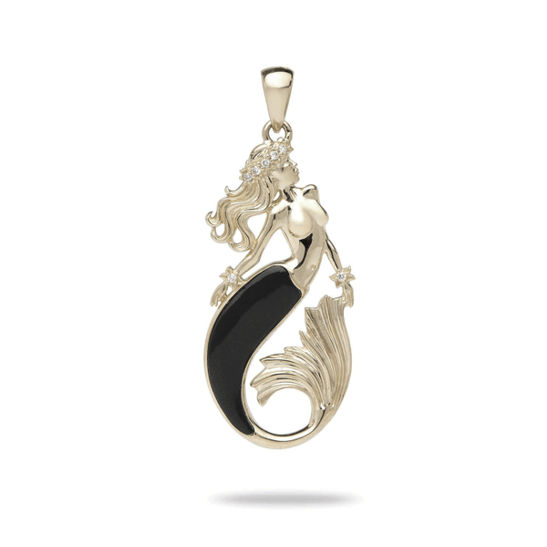 Sealife Mermaid Black Coral Pendant in Gold with Diamonds - 37mm - Maui Divers Jewelry