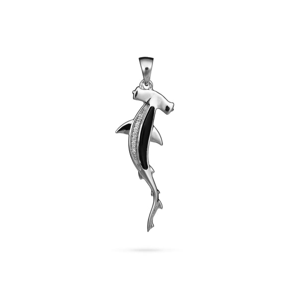 Sealife Hammerhead Shark Black Coral Pendant in White Gold with Diamonds - 34mm
