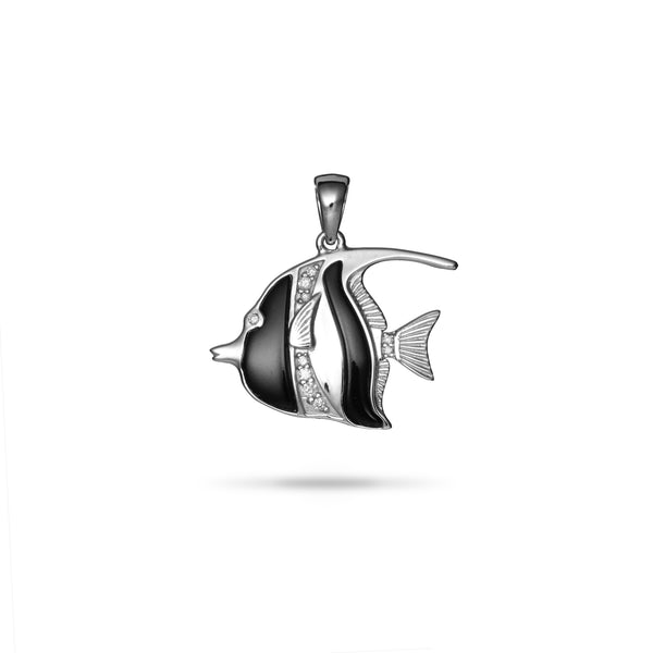 Sealife Angelfish Black Coral Pendant in White gold with Diamonds - 23mm - Maui Divers Jewelry