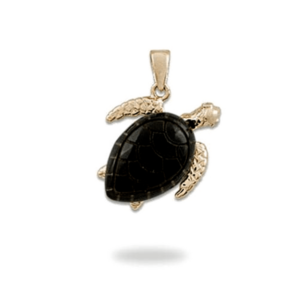 Honu Black Coral Pendant in Gold with Diamonds - 16mm-Maui Divers Jewelry