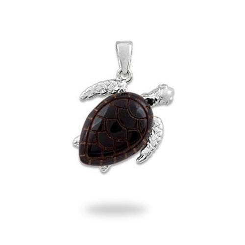 Honu Black Coral Pendant in White Gold with Diamonds - 16mm-Maui Divers Jewelry