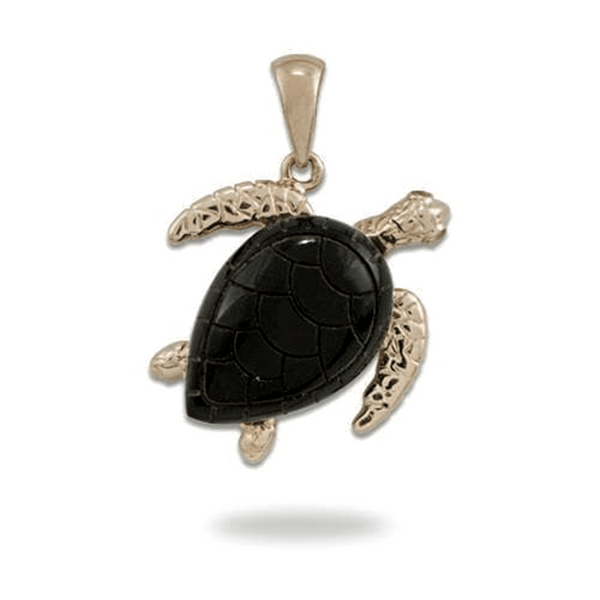 Maui Divers Jewelry - Honu Black Coral Pendant in Gold with Diamonds - 19mm