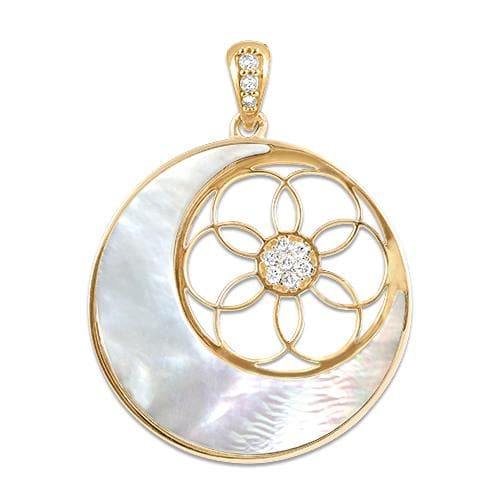 Moon & Protea Star Mother of Pearl Pendant in Gold with Diamonds - 25mm