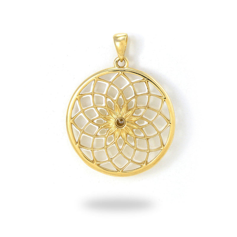 Protea Mother of Pearl Pendant with Diamond in Gold - 22mm-Maui Divers Jewelry
