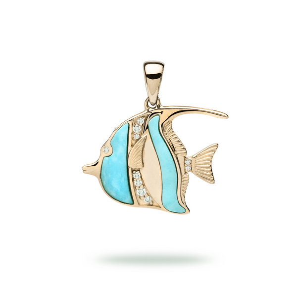 Sealife Angelfish Turquoise Pendant in Gold with Diamonds - 23mm-Maui Divers Jewelry