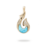 Sealife Fish Hook Turquoise Pendant in Gold with Diamonds - 27mm-Maui Divers Jewelry