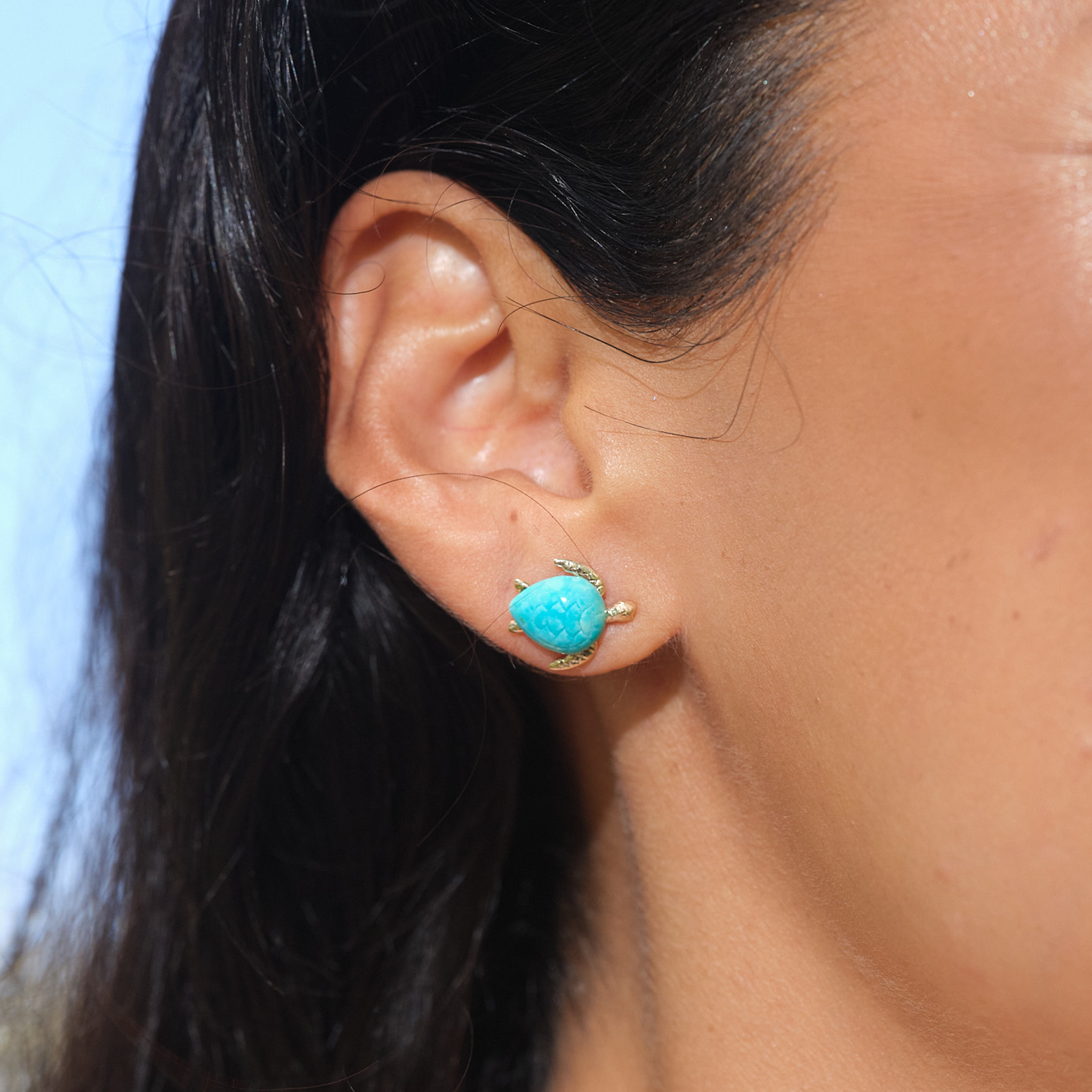 A woman's ear with Honu Turquoise in Gold - 13mm - Maui Divers Jewelry