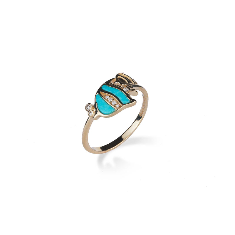 Sealife Angelfish Turquoise Ring in Gold with Diamonds - 12mm - Maui Divers Jewelry