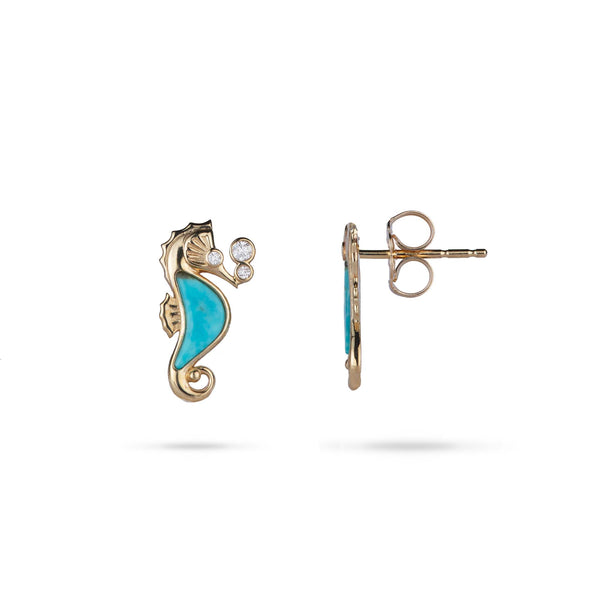 Sealife Seahorse Turquoise Earrings in Gold with Diamonds - 15mm