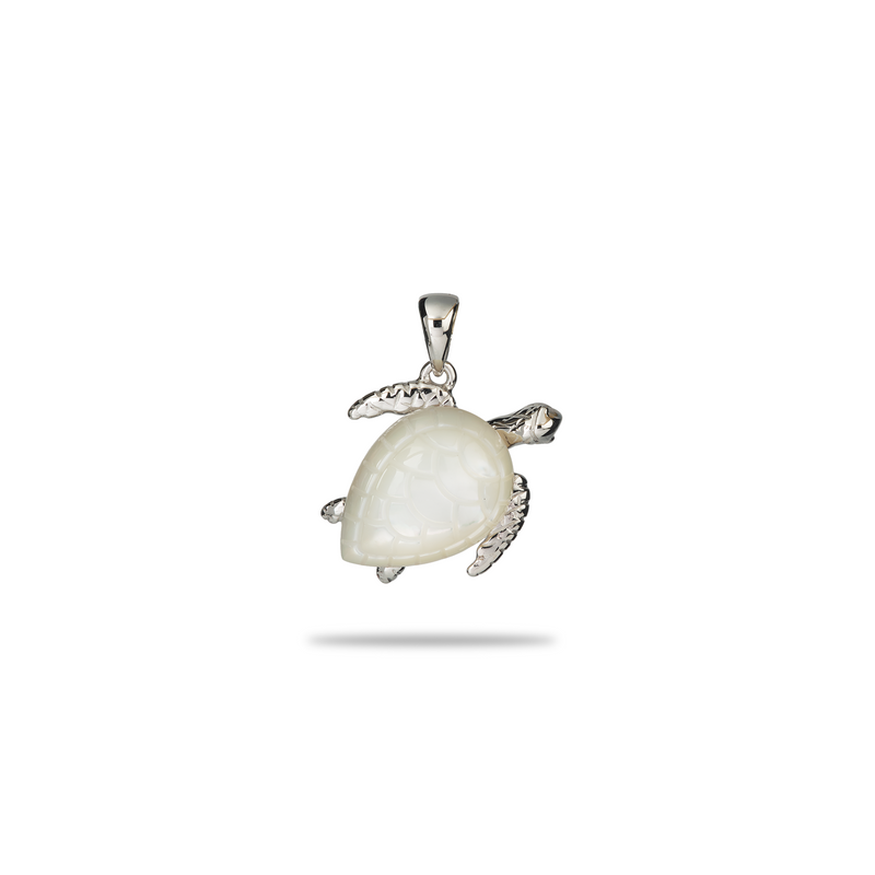 Honu Mother of Pearl Pendant in White Gold - 16mm - Maui Divers Jewelry