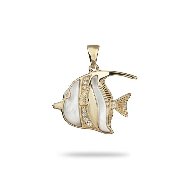 Sealife Angelfish Mother of Pearl Pendant in Gold with Diamonds - 23mm - Maui Divers Jewelry
