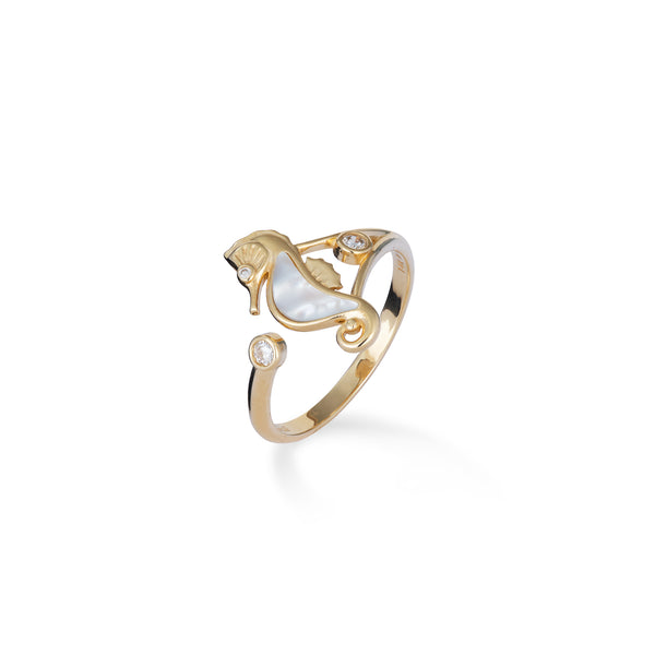Sealife Seahorse Mother of Pearl Ring in Gold with Diamonds - 15mm - Maui Divers Jewelry