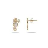 Sealife Seahorse Mother of Pearl Earrings in Gold with Diamonds - 15mm - Maui Divers Jewelry