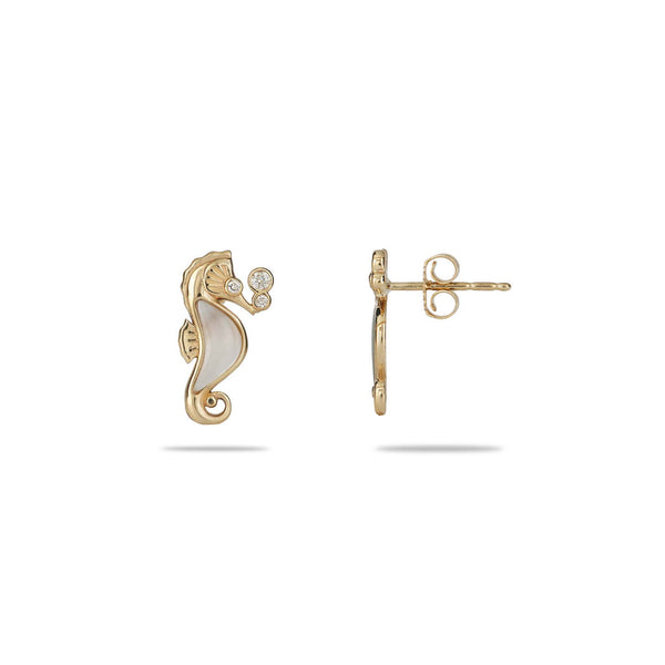 Sealife Seahorse Mother of Pearl Earrings in Gold with Diamonds - 15mm - Maui Divers Jewelry