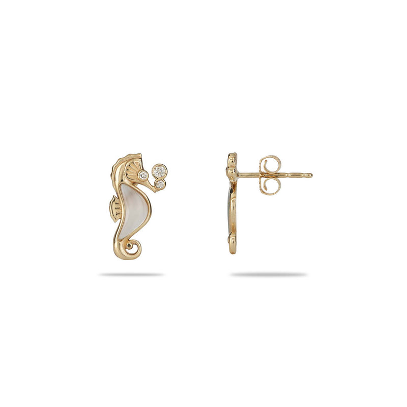 Sealife Seahorse Mother of Pearl Earrings in Gold with Diamonds - 15mm - Maui Divers Jewelry
