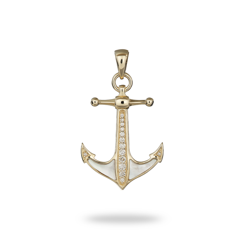 Sealife Anchor Mother of Pearl Pendant in Gold with Diamonds - 28mm