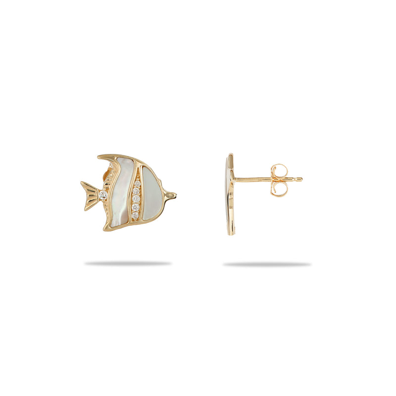 Sealife Angelfish Mother of Pearl Earrings in Gold with Diamonds - 12mm