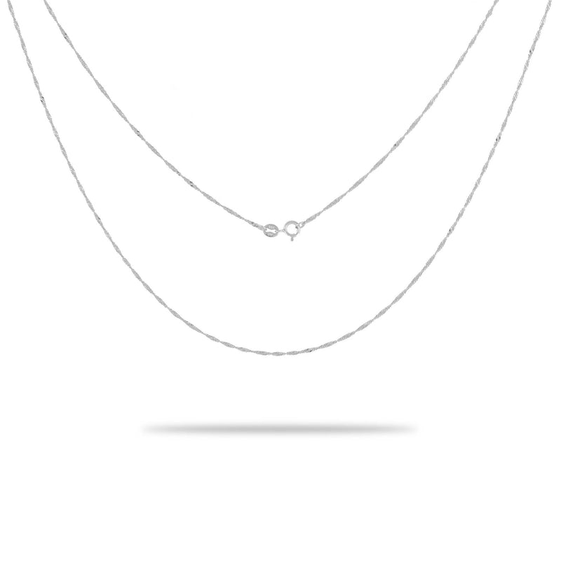 a 1.0mm Singapore Chain in White Gold with a clasp on a white background from Maui Divers Jewelry.	