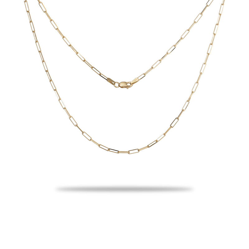 A 2.0mm Paperclip Chain in Gold with a clasp on a white background from Maui Divers Jewelry.	