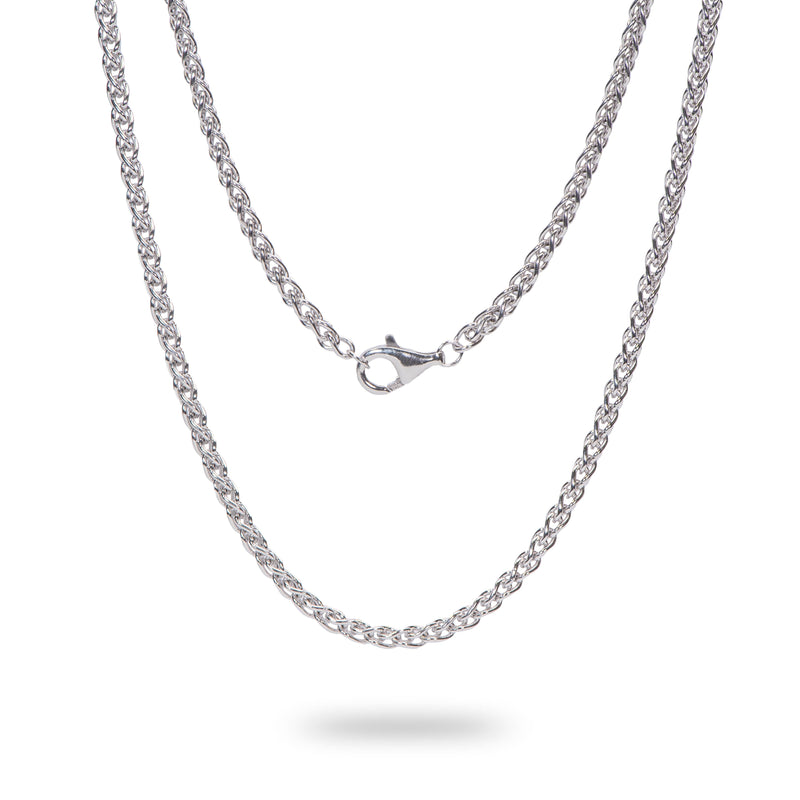 A 3.0mm Espiga Chain in Sterling Silver with a clasp on a white background from Maui Divers Jewelry.	